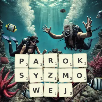 Kreatywna ilustracja do gry w Scrabble ze słowem PAROKSYZMOWEJ ułożonym z płytek na planszy.