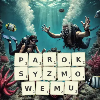Kreatywna ilustracja do gry w Scrabble ze słowem PAROKSYZMOWEMU ułożonym z płytek na planszy.