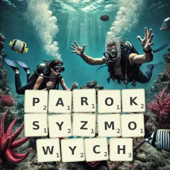 Kreatywna ilustracja do gry w Scrabble ze słowem PAROKSYZMOWYCH ułożonym z płytek na planszy.