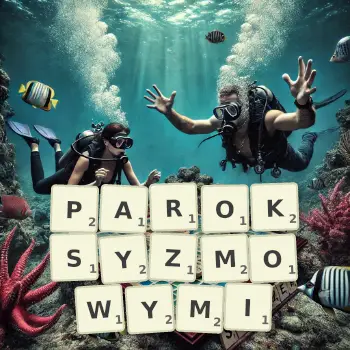 Kreatywna ilustracja do gry w Scrabble ze słowem PAROKSYZMOWYMI ułożonym z płytek na planszy.