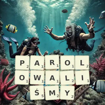 Kreatywna ilustracja do gry w Scrabble ze słowem PAROLOWALIŚMY ułożonym z płytek na planszy.