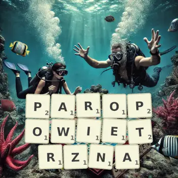 Kreatywna ilustracja do gry w Scrabble ze słowem PAROPOWIETRZNA ułożonym z płytek na planszy.