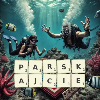 Kreatywna ilustracja do gry w Scrabble ze słowem PARSKAJCIE ułożonym z płytek na planszy.