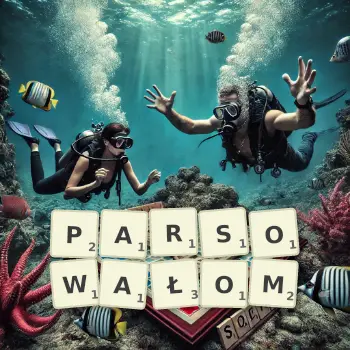 Kreatywna ilustracja do gry w Scrabble ze słowem PARSOWAŁOM ułożonym z płytek na planszy.
