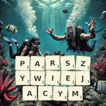 Kreatywna ilustracja do gry w Scrabble ze słowem PARSZYWIEJACYM ułożonym z płytek na planszy.
