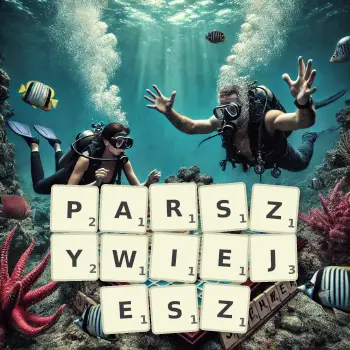 Kreatywna ilustracja do gry w Scrabble ze słowem PARSZYWIEJESZ ułożonym z płytek na planszy.