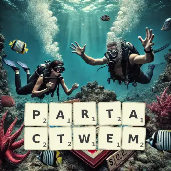 Kreatywna ilustracja do gry w Scrabble ze słowem PARTACTWEM ułożonym z płytek na planszy.