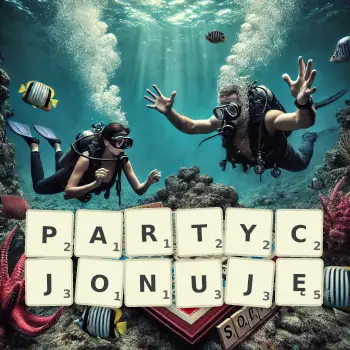 Kreatywna ilustracja do gry w Scrabble ze słowem PARTYCJONUJĘ ułożonym z płytek na planszy.