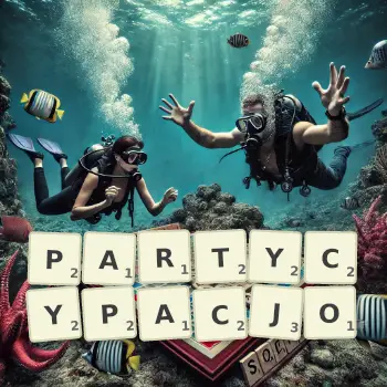 Kreatywna ilustracja do gry w Scrabble ze słowem PARTYCYPACJO ułożonym z płytek na planszy.