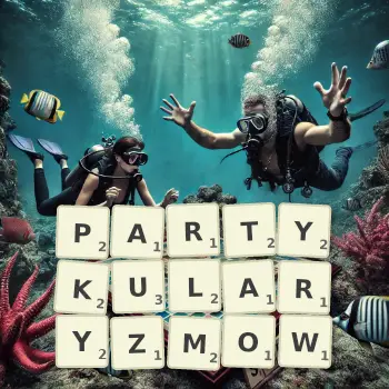 Kreatywna ilustracja do gry w Scrabble ze słowem PARTYKULARYZMOW ułożonym z płytek na planszy.