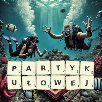 Kreatywna ilustracja do gry w Scrabble ze słowem PARTYKUŁOWEJ ułożonym z płytek na planszy.