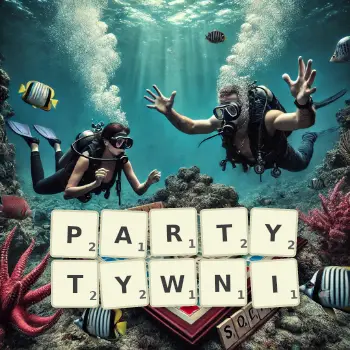 Kreatywna ilustracja do gry w Scrabble ze słowem PARTYTYWNI ułożonym z płytek na planszy.