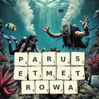 Kreatywna ilustracja do gry w Scrabble ze słowem PARUSETMETROWA ułożonym z płytek na planszy.