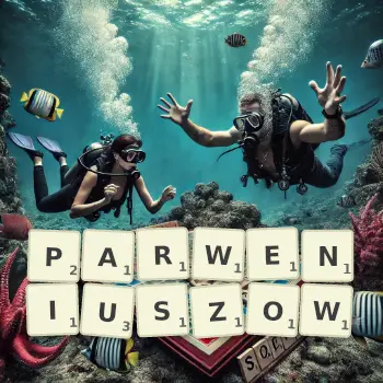 Kreatywna ilustracja do gry w Scrabble ze słowem PARWENIUSZOW ułożonym z płytek na planszy.