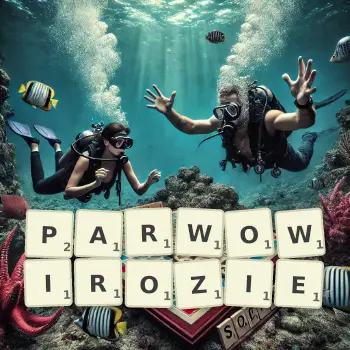 Kreatywna ilustracja do gry w Scrabble ze słowem PARWOWIROZIE ułożonym z płytek na planszy.