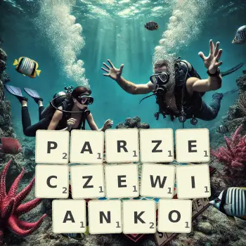 Kreatywna ilustracja do gry w Scrabble ze słowem PARZECZEWIANKO ułożonym z płytek na planszy.