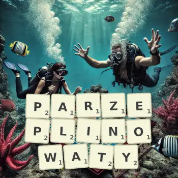 Kreatywna ilustracja do gry w Scrabble ze słowem PARZEPLINOWATY ułożonym z płytek na planszy.