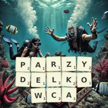 Kreatywna ilustracja do gry w Scrabble ze słowem PARZYDELKOWCA ułożonym z płytek na planszy.