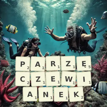 Kreatywna ilustracja do gry w Scrabble ze słowem PARZĘCZEWIANEK ułożonym z płytek na planszy.