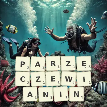Kreatywna ilustracja do gry w Scrabble ze słowem PARZĘCZEWIANIN ułożonym z płytek na planszy.