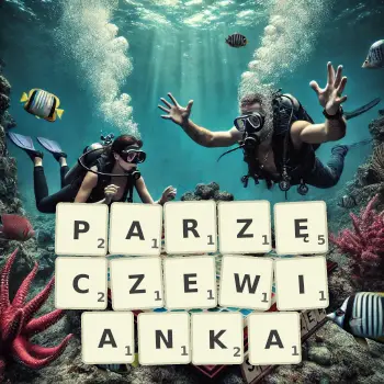 Kreatywna ilustracja do gry w Scrabble ze słowem PARZĘCZEWIANKA ułożonym z płytek na planszy.