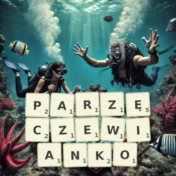 Kreatywna ilustracja do gry w Scrabble ze słowem PARZĘCZEWIANKO ułożonym z płytek na planszy.
