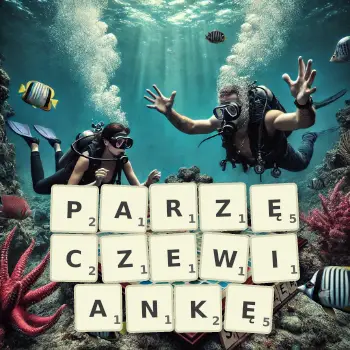 Kreatywna ilustracja do gry w Scrabble ze słowem PARZĘCZEWIANKĘ ułożonym z płytek na planszy.