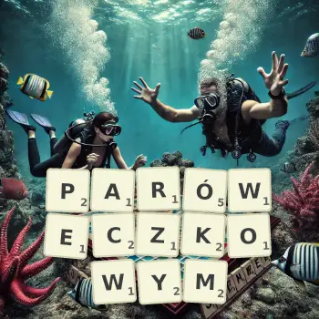 Kreatywna ilustracja do gry w Scrabble ze słowem PARÓWECZKOWYM ułożonym z płytek na planszy.