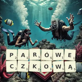 Kreatywna ilustracja do gry w Scrabble ze słowem PARÓWECZKOWĄ ułożonym z płytek na planszy.