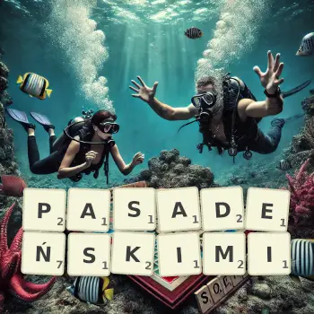 Kreatywna ilustracja do gry w Scrabble ze słowem PASADEŃSKIMI ułożonym z płytek na planszy.