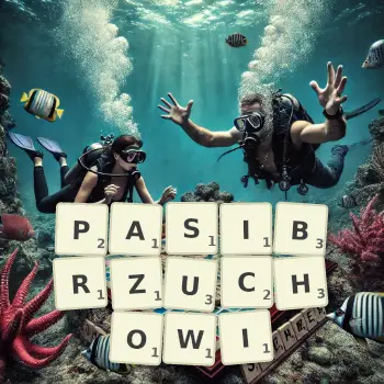 Kreatywna ilustracja do gry w Scrabble ze słowem PASIBRZUCHOWI ułożonym z płytek na planszy.