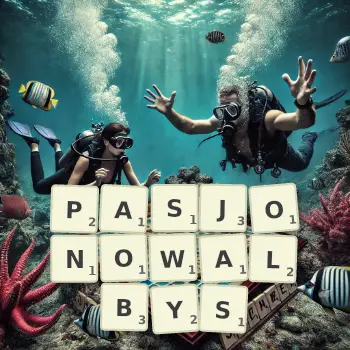 Kreatywna ilustracja do gry w Scrabble ze słowem PASJONOWALBYS ułożonym z płytek na planszy.