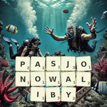 Kreatywna ilustracja do gry w Scrabble ze słowem PASJONOWALIBY ułożonym z płytek na planszy.