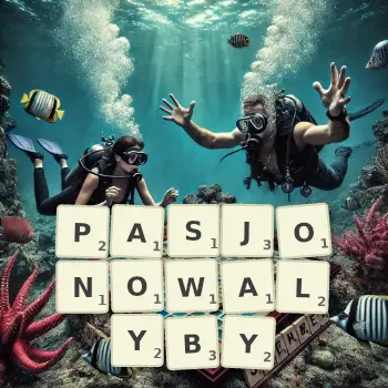 Kreatywna ilustracja do gry w Scrabble ze słowem PASJONOWALYBY ułożonym z płytek na planszy.