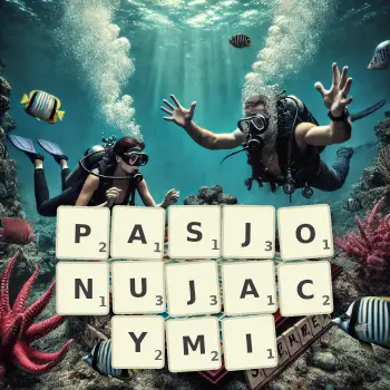 Kreatywna ilustracja do gry w Scrabble ze słowem PASJONUJACYMI ułożonym z płytek na planszy.