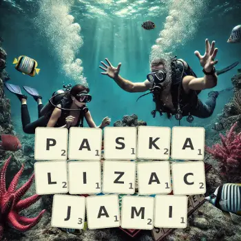 Kreatywna ilustracja do gry w Scrabble ze słowem PASKALIZACJAMI ułożonym z płytek na planszy.