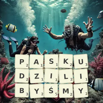 Kreatywna ilustracja do gry w Scrabble ze słowem PASKUDZILIBYŚMY ułożonym z płytek na planszy.