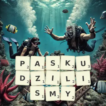 Kreatywna ilustracja do gry w Scrabble ze słowem PASKUDZILISMY ułożonym z płytek na planszy.