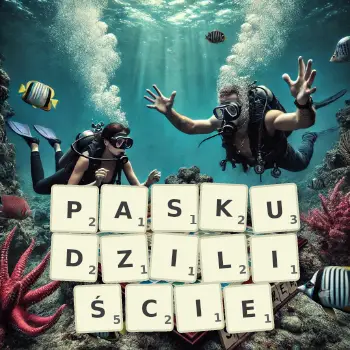 Kreatywna ilustracja do gry w Scrabble ze słowem PASKUDZILIŚCIE ułożonym z płytek na planszy.