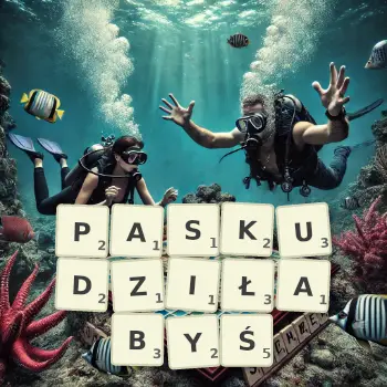 Kreatywna ilustracja do gry w Scrabble ze słowem PASKUDZIŁABYŚ ułożonym z płytek na planszy.