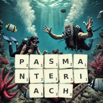 Kreatywna ilustracja do gry w Scrabble ze słowem PASMANTERIACH ułożonym z płytek na planszy.