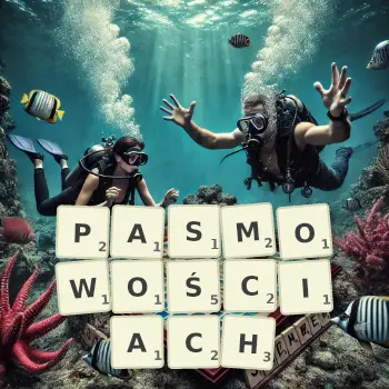 Kreatywna ilustracja do gry w Scrabble ze słowem PASMOWOŚCIACH ułożonym z płytek na planszy.