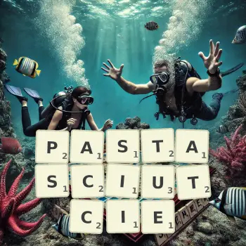 Kreatywna ilustracja do gry w Scrabble ze słowem PASTASCIUTCIE ułożonym z płytek na planszy.