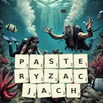 Kreatywna ilustracja do gry w Scrabble ze słowem PASTERYZACJACH ułożonym z płytek na planszy.