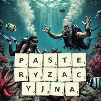Kreatywna ilustracja do gry w Scrabble ze słowem PASTERYZACYJNA ułożonym z płytek na planszy.