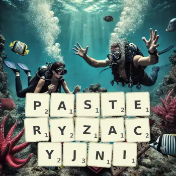 Kreatywna ilustracja do gry w Scrabble ze słowem PASTERYZACYJNI ułożonym z płytek na planszy.