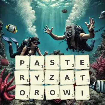 Kreatywna ilustracja do gry w Scrabble ze słowem PASTERYZATOROWI ułożonym z płytek na planszy.