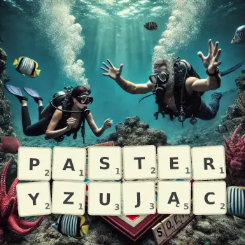 Kreatywna ilustracja do gry w Scrabble ze słowem PASTERYZUJĄC ułożonym z płytek na planszy.