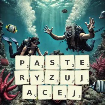 Kreatywna ilustracja do gry w Scrabble ze słowem PASTERYZUJĄCEJ ułożonym z płytek na planszy.