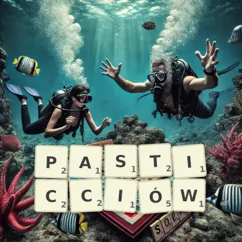 Kreatywna ilustracja do gry w Scrabble ze słowem PASTICCIÓW ułożonym z płytek na planszy.
